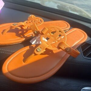 Tory Burch Orange Logo Thong Sandals with Medallion
